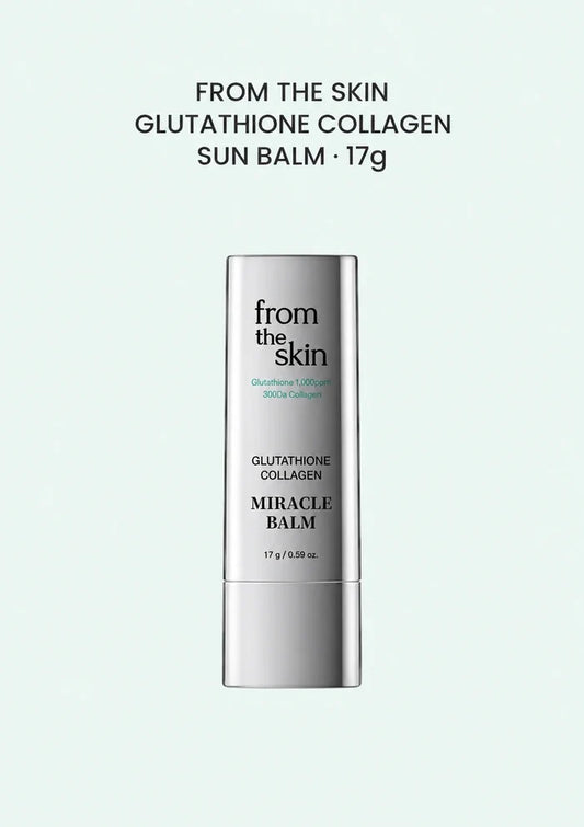 FROM THE SKIN Glutathione Collagen Sun Balm 17g, silver Miracle Balm stick on a pale mint background.