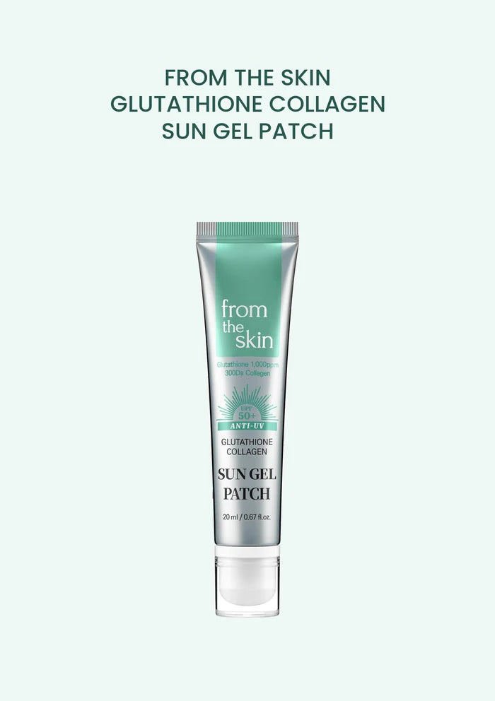 FROM THE SKIN Glutathione Collagen Sun Gel Patch 20ml silver and mint tube on a pale mint background