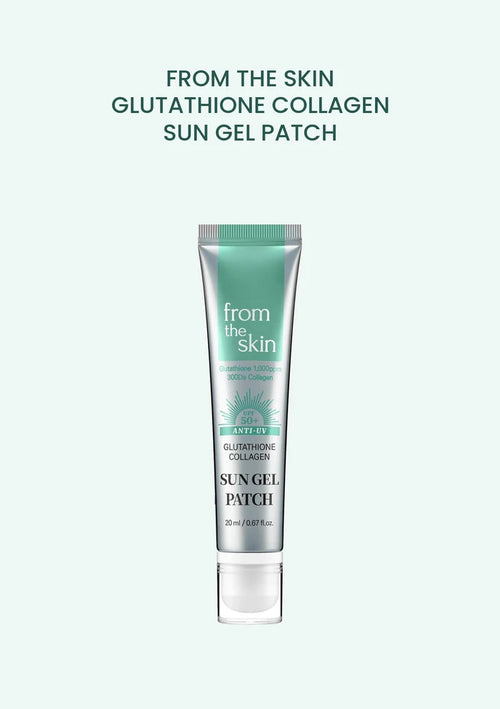 FROM THE SKIN Glutathione Collagen Sun Gel Patch 20ml silver and mint tube on a pale mint background