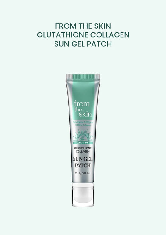 FROM THE SKIN Glutathione Collagen Sun Gel Patch 20ml silver and mint tube on a pale mint background