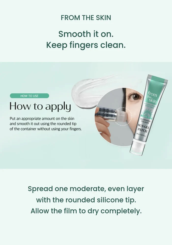 Rounded silicone tip spreading FROM THE SKIN Sun Gel Patch on the cheek without fingers