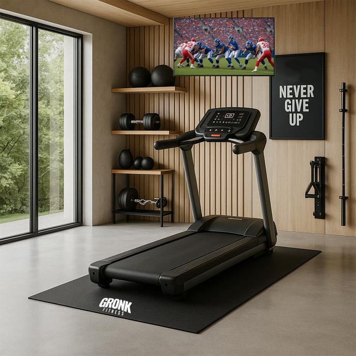 Gronk Fitness mat under treadmill in home gym setting