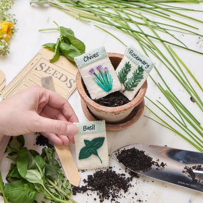 Felt basil, chives, and rosemary seed packet ornaments perfect for garden lovers and home chefs