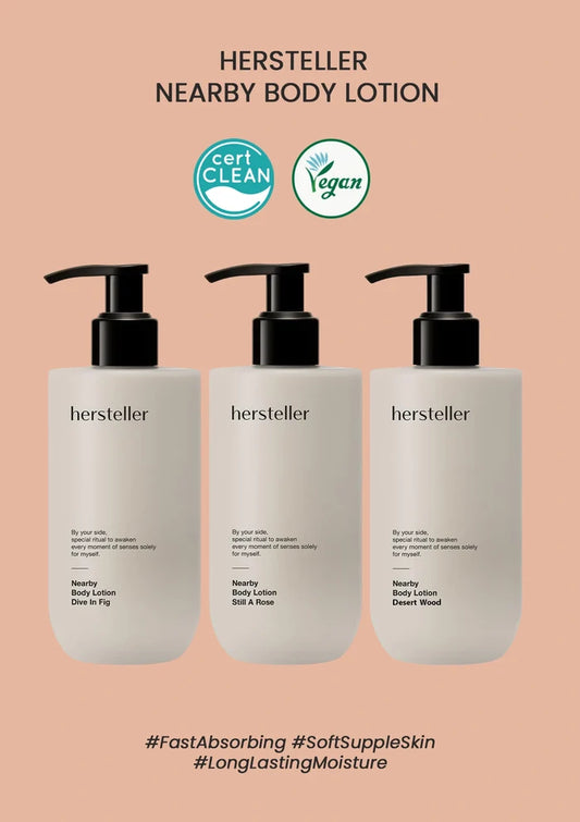 Three bottles of Hersteller Nearby Body Lotion on a beige background with certification logos.