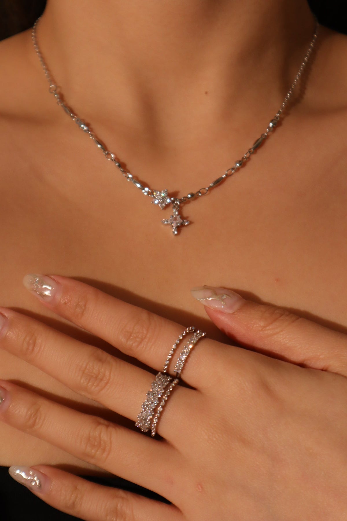 Palladium White Gold Plated Diamond Starlight Cross Necklace