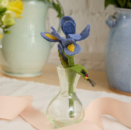Hand-felted iris flower with firefly in recycled glass mini vase – whimsical spring decor