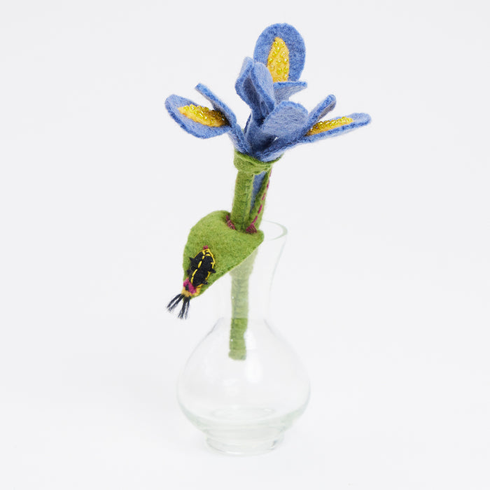 Artisan-crafted felt iris bouquet with glowing firefly accent in eco glass vase