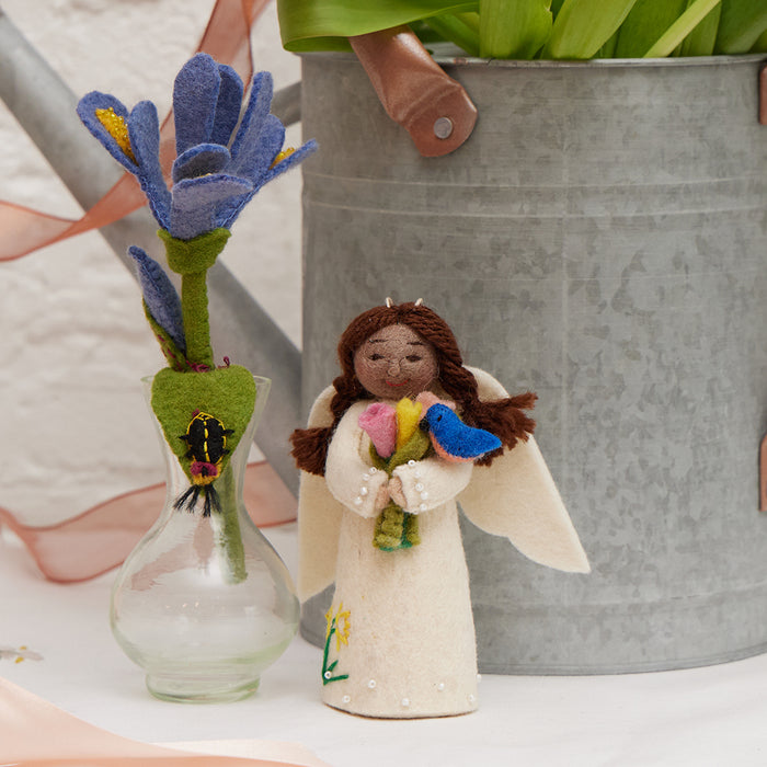 Delicate iris felt flower in bud vase with handmade firefly – sustainable gift idea