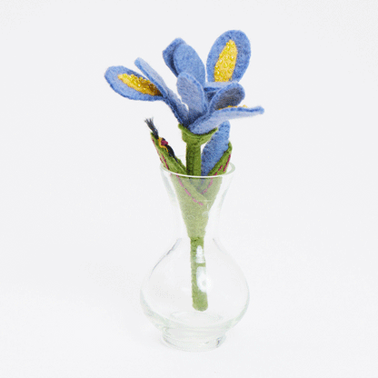 Whimsical felt bouquet with firefly perched on iris bloom – eco-friendly floral gift