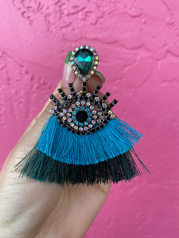 Mal Ojo Teal Tassel Gem Earrings