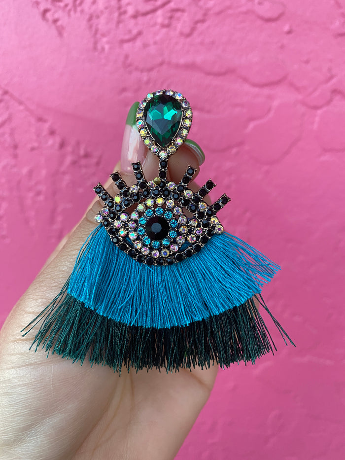 Mal Ojo Teal Tassel Gem Earrings