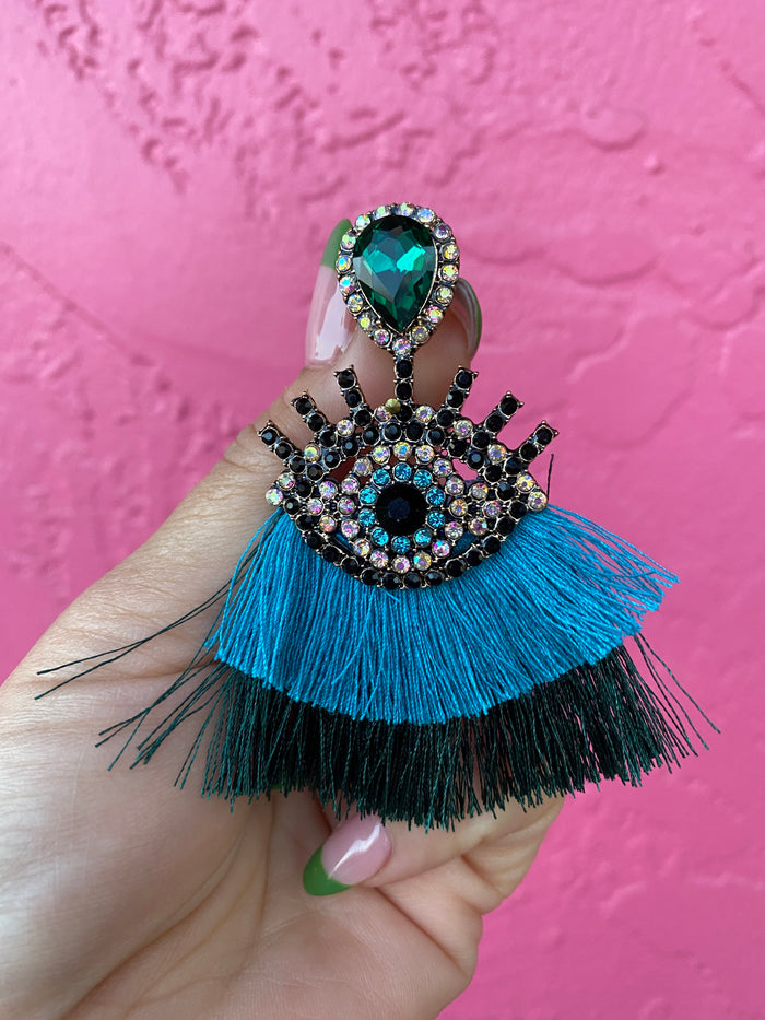 Mal Ojo Teal Tassel Gem Earrings