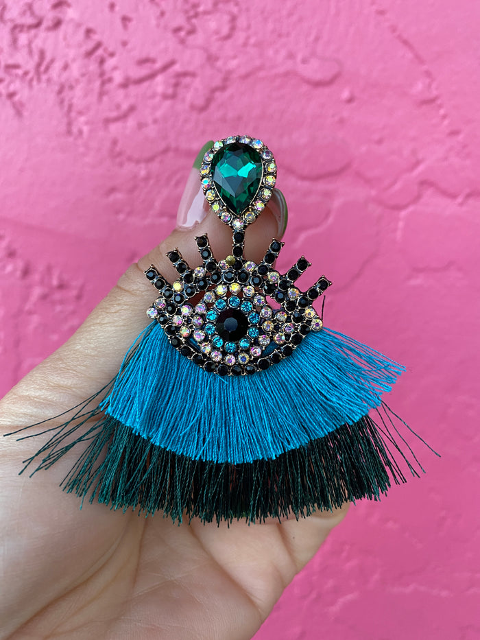 Mal Ojo Teal Tassel Gem Earrings