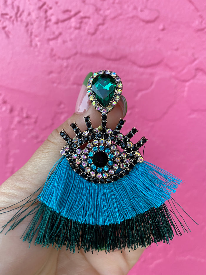 Mal Ojo Teal Tassel Gem Earrings