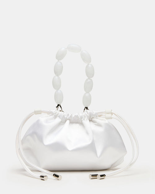 MARIELA White Satin Beaded Drawstring Crossbody Clutch Handbag | Steve Madden