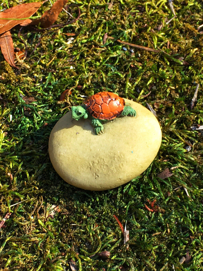 Miniature Turtle on a Stone, Micro Mini Orange Turtle, Terrarium Turtle