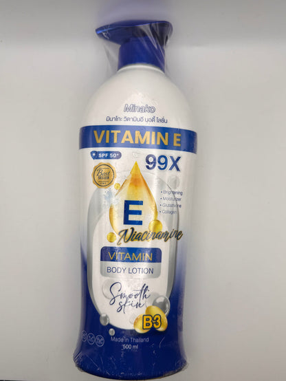 Front of Minako Vitamin E Body Lotion SPF 50 PA+++ bottle, 500 mL