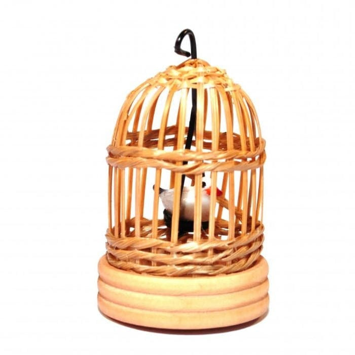 Miniature Bamboo Bird Cage with Bird, Dollhouse Birdcage, Fairy Garden Bird