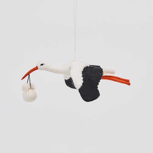 Handmade felt New Baby Stork ornament from Craftspring rotating to show front, side, and back views—featuring a stork carrying a bundle with detailed beaded and embroidered accents, showcasing artisan craftsmanship and heirloom quality, ethically crafted using sustainable wool.
