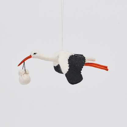Handmade felt New Baby Stork ornament from Craftspring rotating to show front, side, and back views—featuring a stork carrying a bundle with detailed beaded and embroidered accents, showcasing artisan craftsmanship and heirloom quality, ethically crafted using sustainable wool.