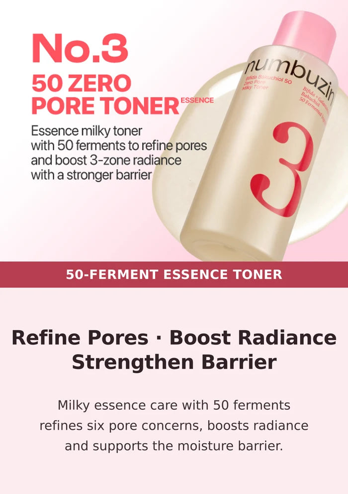 Numbuzin No.3 50 Zero Pore Milky Toner overview with 50 ferments, pore care, radiance and barrier support