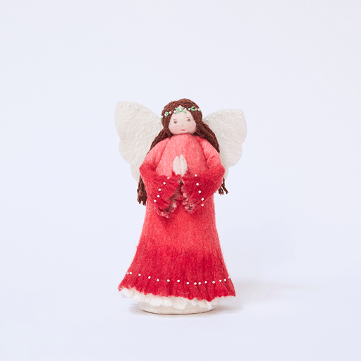 Craftspring’s Praying Angel Tree Topper - Light rotating to show front, side, and back views — felt angel in a red dress with white beads, with embroidered and beaded wreath crown and hands in prayer, a whimsical and heirloom-quality holiday piece — ethically crafted by artisans using sustainable wool.