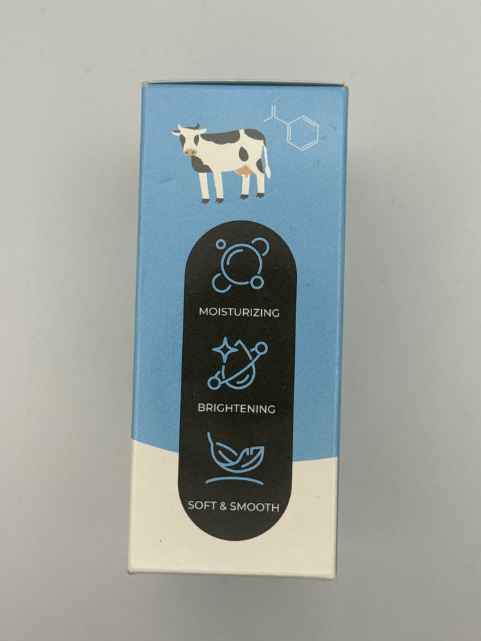 Benefits panel: Milk 2 Glow soap side panel with moisturizing, brightening, and soft and smooth icons.