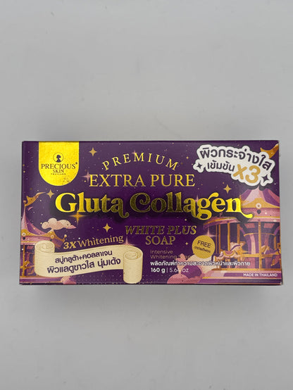Front: Precious Skin Gluta Collagen White Plus Soap 160 g box with purple and gold packaging.
