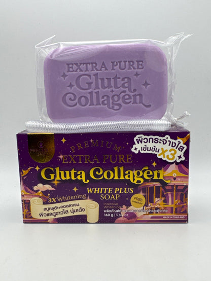 Soap and box: Purple Precious Skin Gluta Collagen soap bar with embossed lettering, mesh foaming net, and product box.