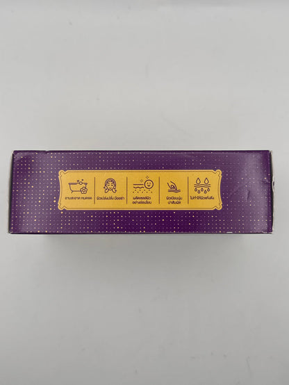 Benefits panel: Precious Skin Gluta Collagen soap side panel with five illustrated skincare benefit icons.