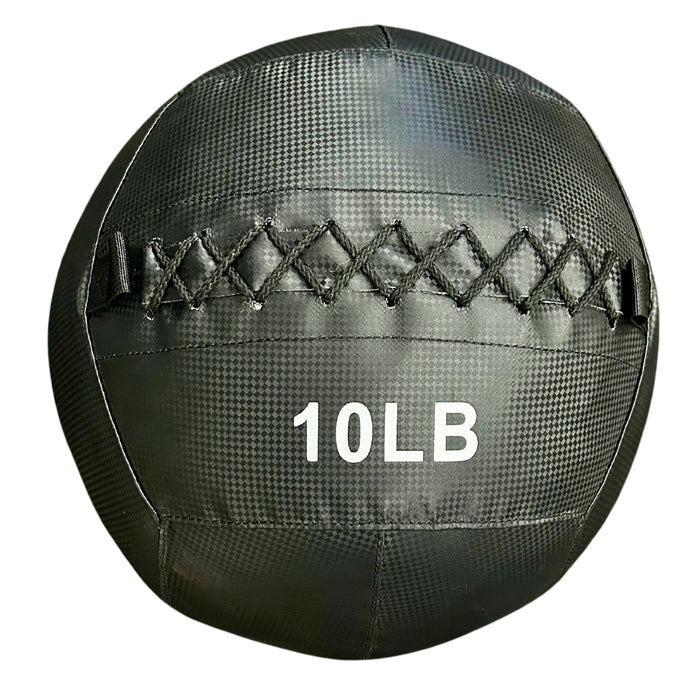 Close-up of G&G Fitness 10LB black wall ball stitching