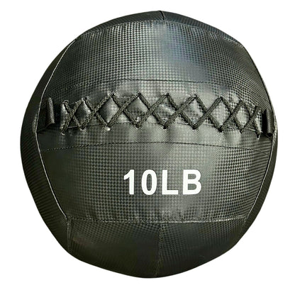 Close-up of G&G Fitness 10LB black wall ball stitching