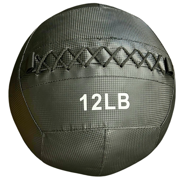 G&G Fitness 12LB black wall ball with cross-stitch detail