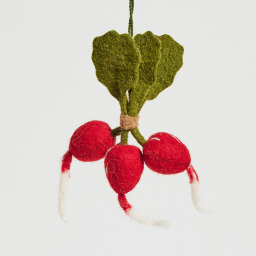 Wool radish ornament handcrafted with natural fibers, part of Gardening Collection