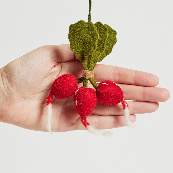 Fair trade felt radish ornament handmade in Kyrgyzstan from merino wool