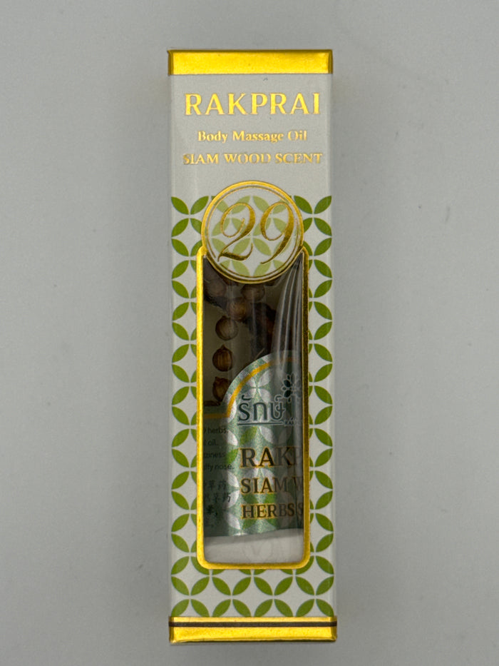 Front photo: Rakprai Body Massage Oil Siam Wood Scent box with gold trim, green pattern, and bottle visible through the front window.