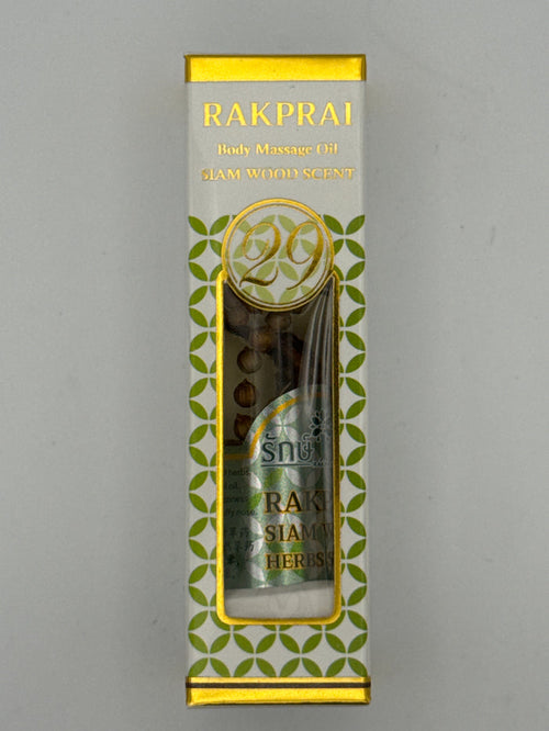 Front photo: Rakprai Body Massage Oil Siam Wood Scent box with gold trim, green pattern, and bottle visible through the front window.
