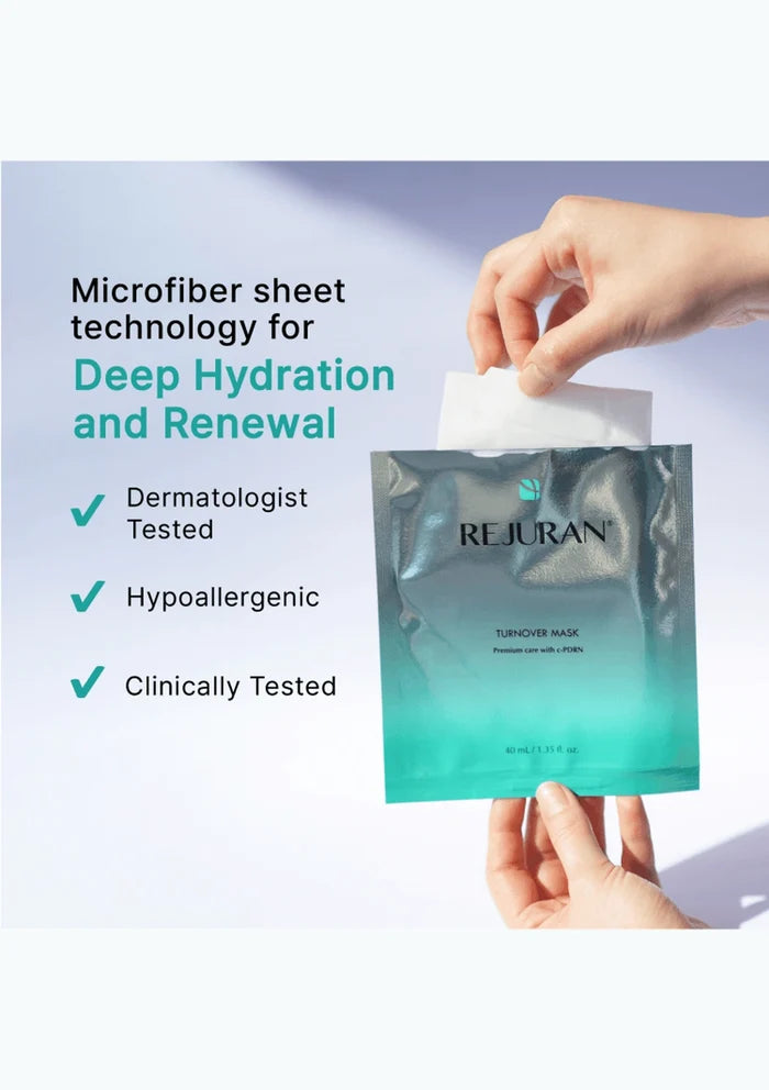 REJURAN Turnover Mask ultra-microfiber sheet with dermatologist-tested, hypoallergenic and clinically-tested badges
