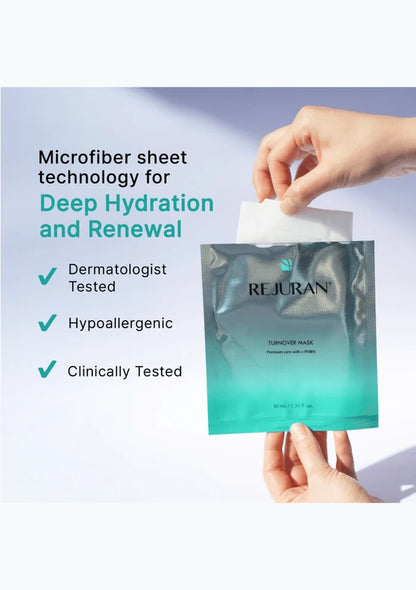 REJURAN Turnover Mask ultra-microfiber sheet with dermatologist-tested, hypoallergenic and clinically-tested badges