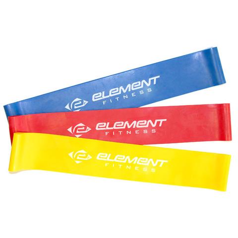 Element Fitness resistance mini-bands in blue, red, and yellow