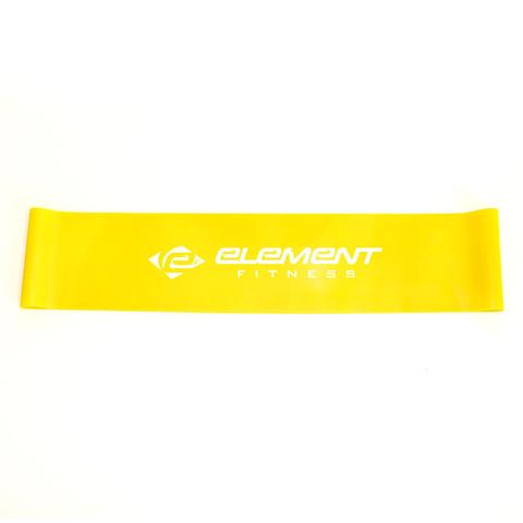 Element Fitness yellow mini-band with logo close-up
