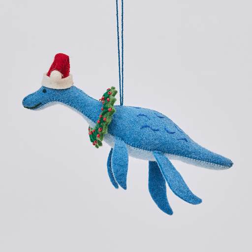 Handmade felt Santa Plesiosaurus ornament from Craftspring rotating to show front, side, and back views—featuring a dinosaur with a Santa hat, festive wreath, and intricate beaded and embroidered details, showcasing heirloom quality and artisan craftsmanship, ethically crafted using sustainable wool.