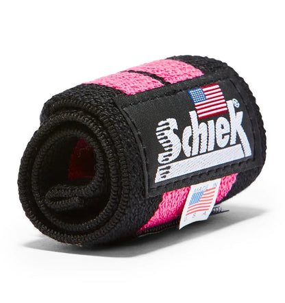 Schiek pink wrist wrap rolled with logo close-up