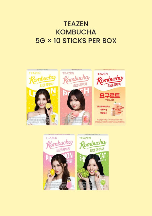 TEAZEN Kombucha five flavours — Lemon, Peach, Yogurt, Pink Lemon and Shine Muscat; each box 5g x 10 sticks
