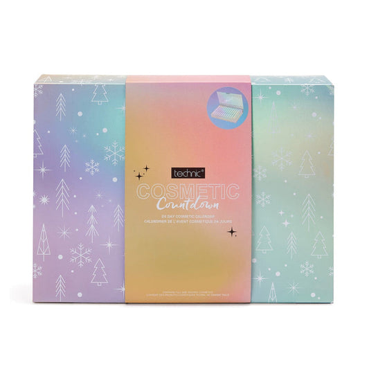 Closed Technic 24 Day Cosmetic Calendar box with pastel rainbow gradient and white snowflake line art