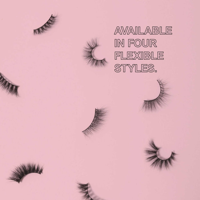 individual lashes on a pink background with text saying "Available in four flexible styles"