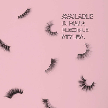 individual lashes on a pink background with text saying "Available in four flexible styles"