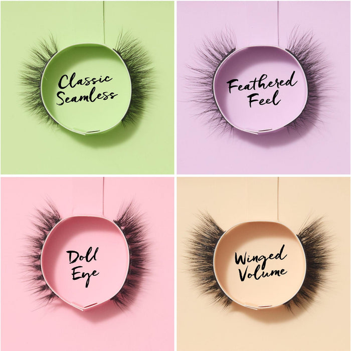 Close up of lashes in the packaging with style names in the middle.