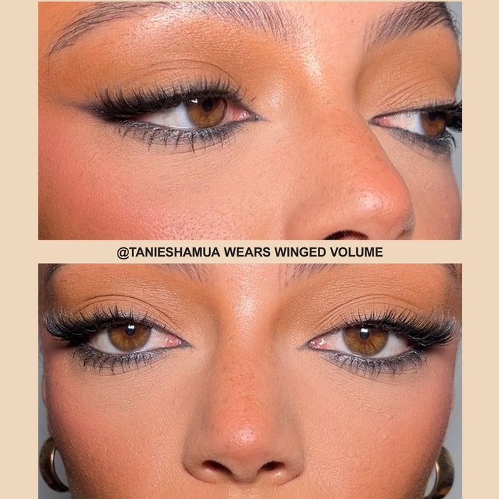 Close up of models eyes wearing the elastic lashes in the style Winged Volume.