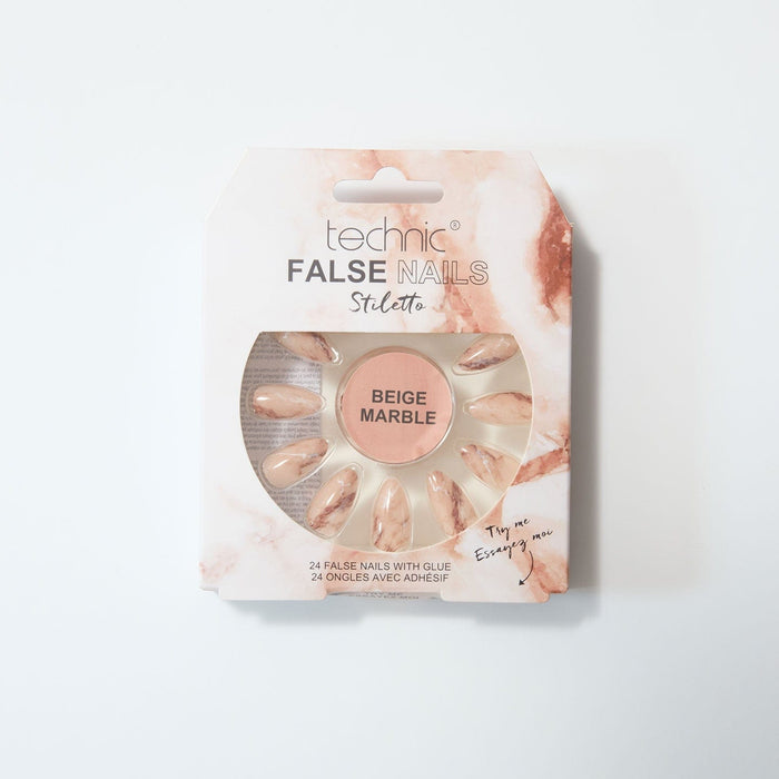 Beige marble stiletto nails in marble effect box on a white background